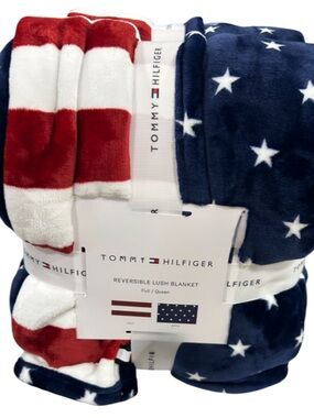 Tommy Hilfiger Patriotic Red, White and Blue Plush Reversible Queen Blanket